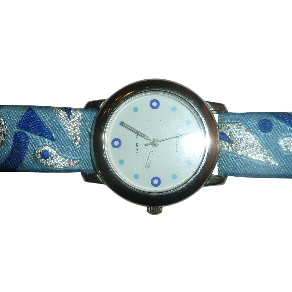 Ronica Womens Watch Blue Silver Paisley Fabric Leather Band New Battery Y2K
